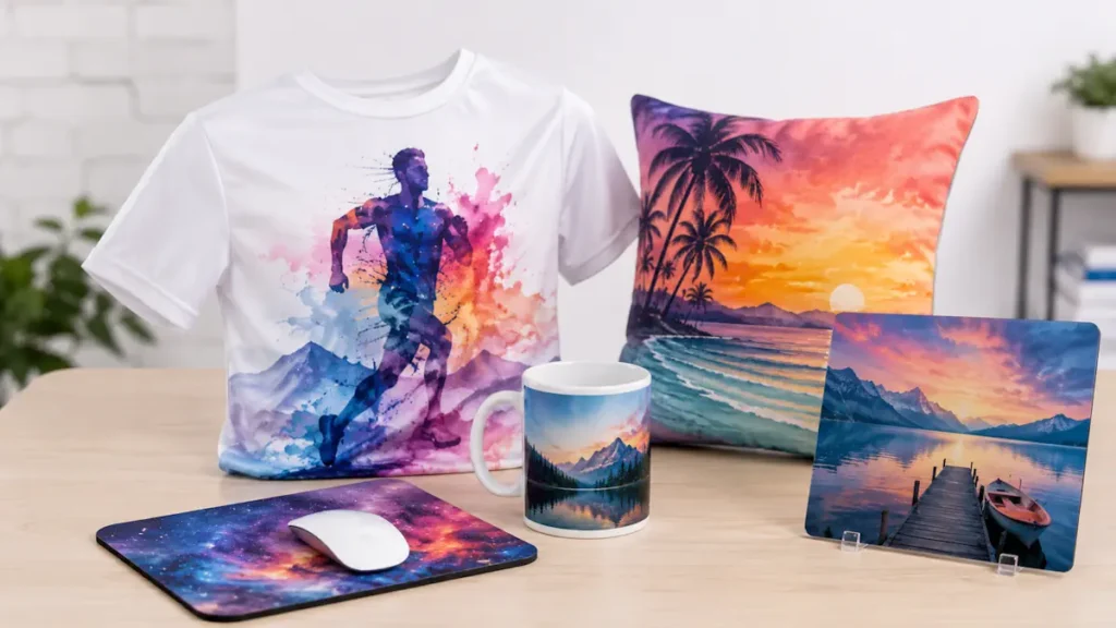 Camiseta, caneca, almofada, mouse pad e placa personalizados por sublimação