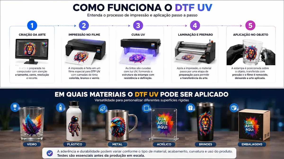 Etapas do processo de impressão e aplicação do DTF UV