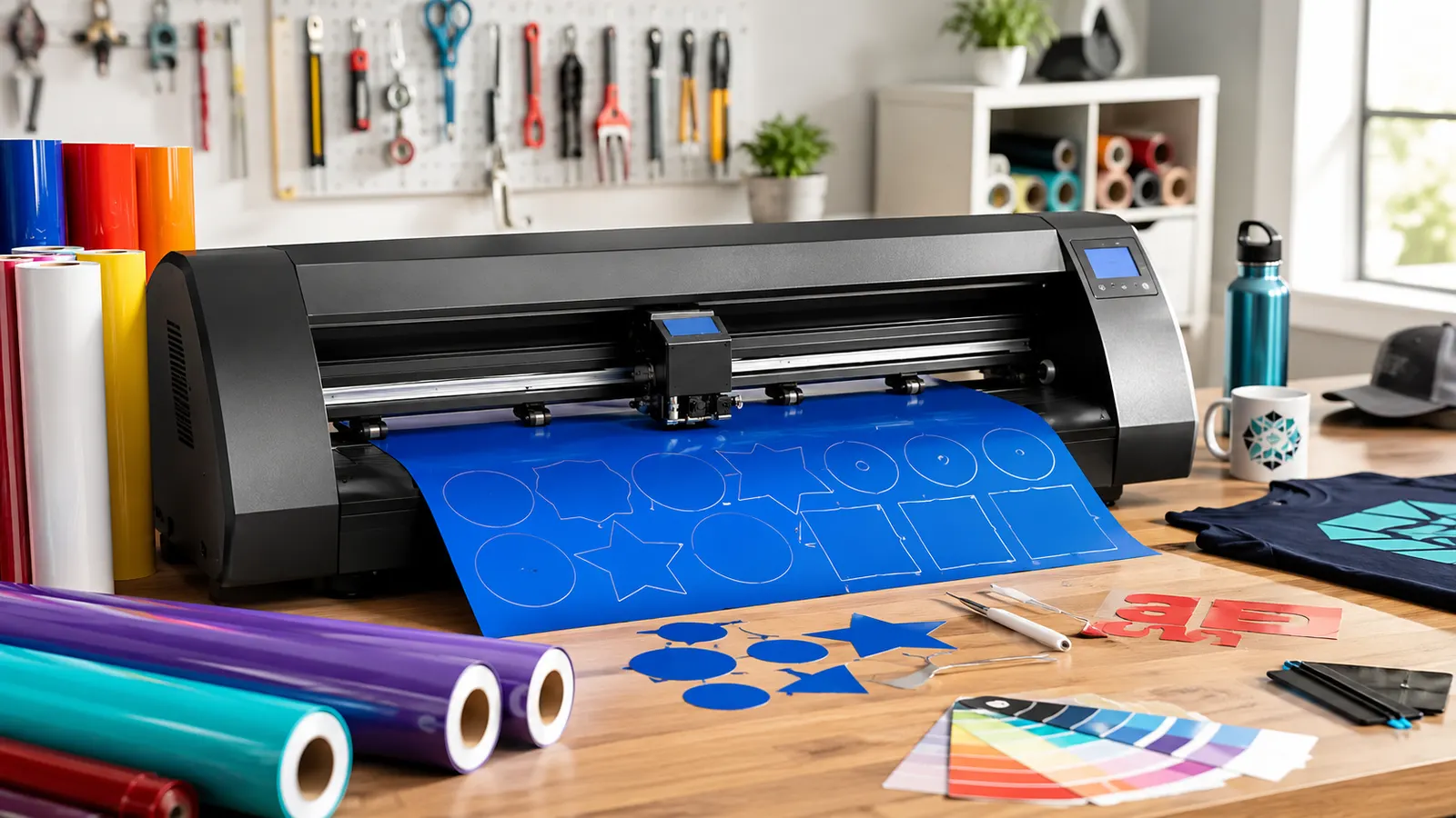 Plotter de recorte cortando vinil em oficina de personalização