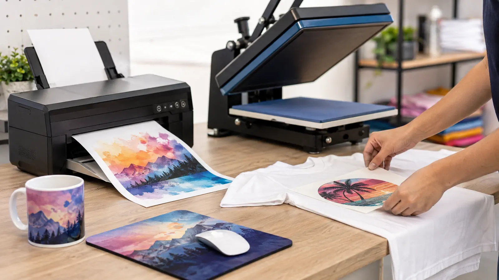 Processo de sublimação com impressora, papel transfer, prensa térmica e camiseta