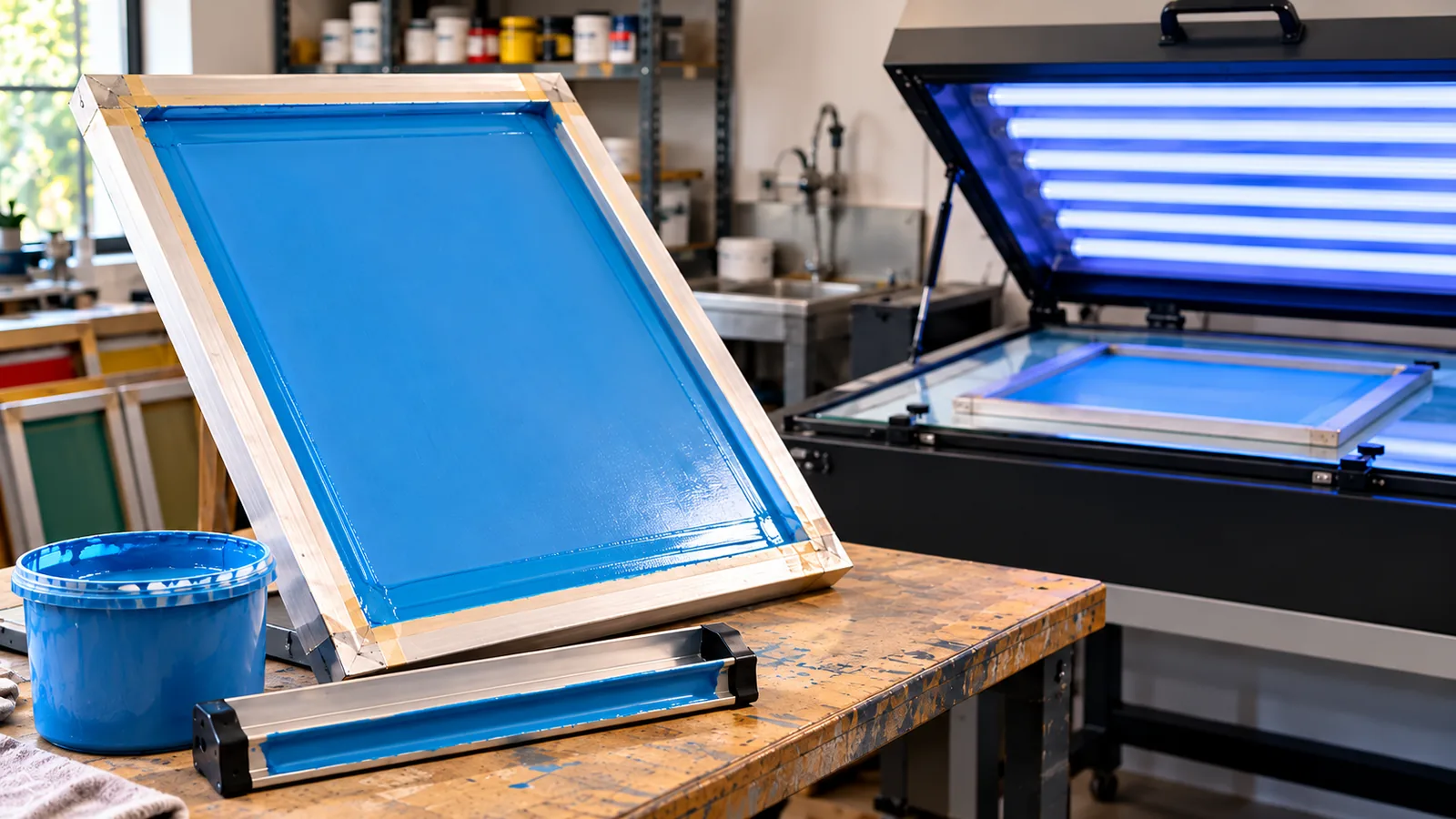 Tela de serigrafia revestida com emulsão azul diante de uma unidade de exposição UV
