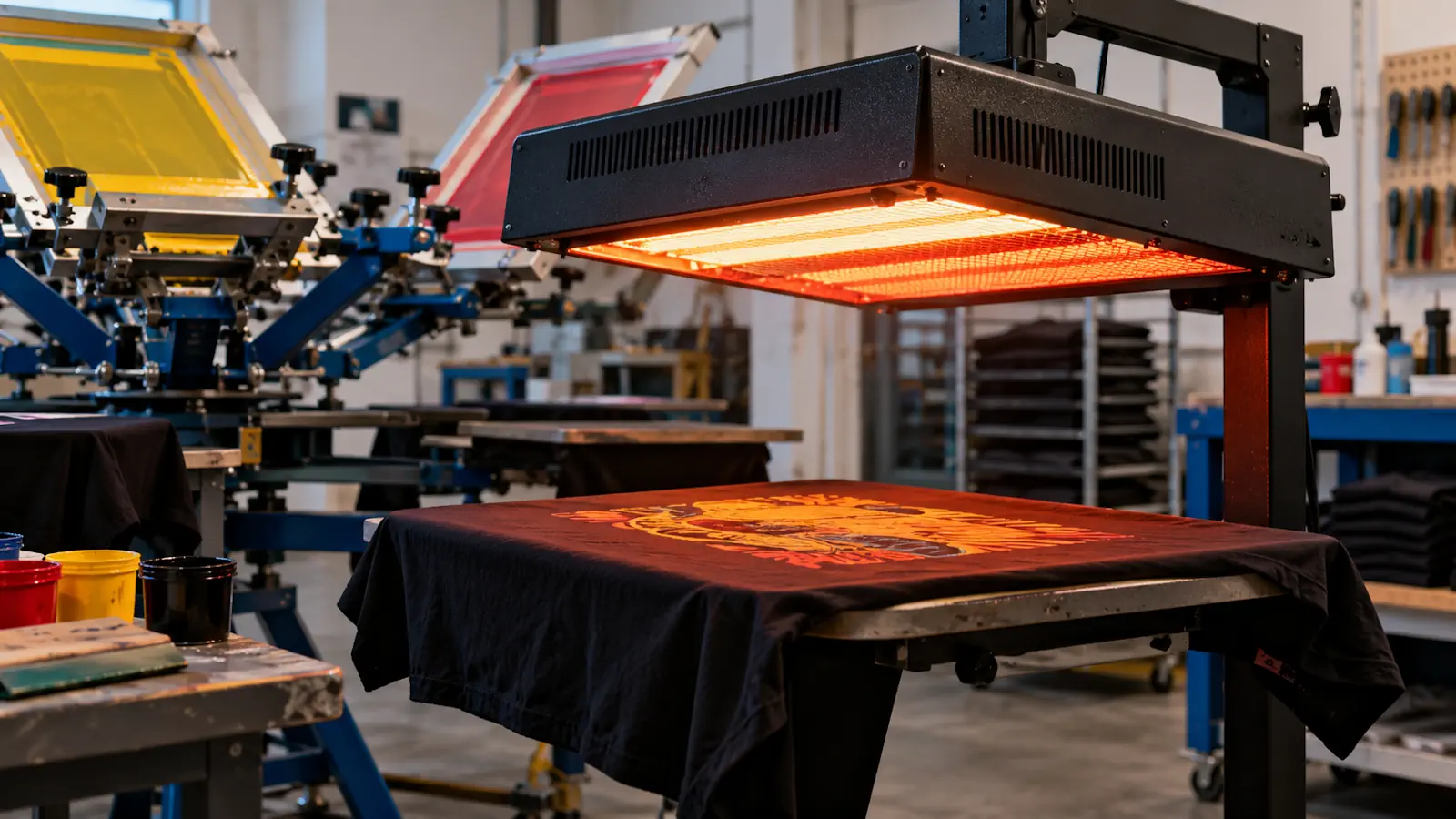 Flash cure aquecendo uma camiseta estampada em uma oficina de serigrafia
