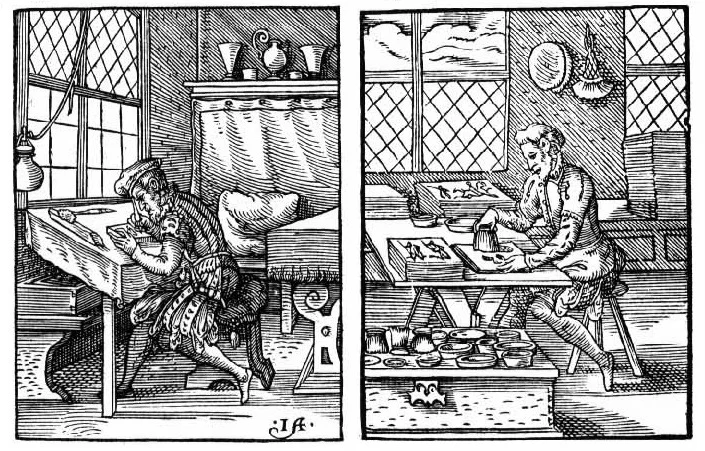 Ilustração histórica mostrando o entalhe e a preparação de uma matriz de xilogravura
